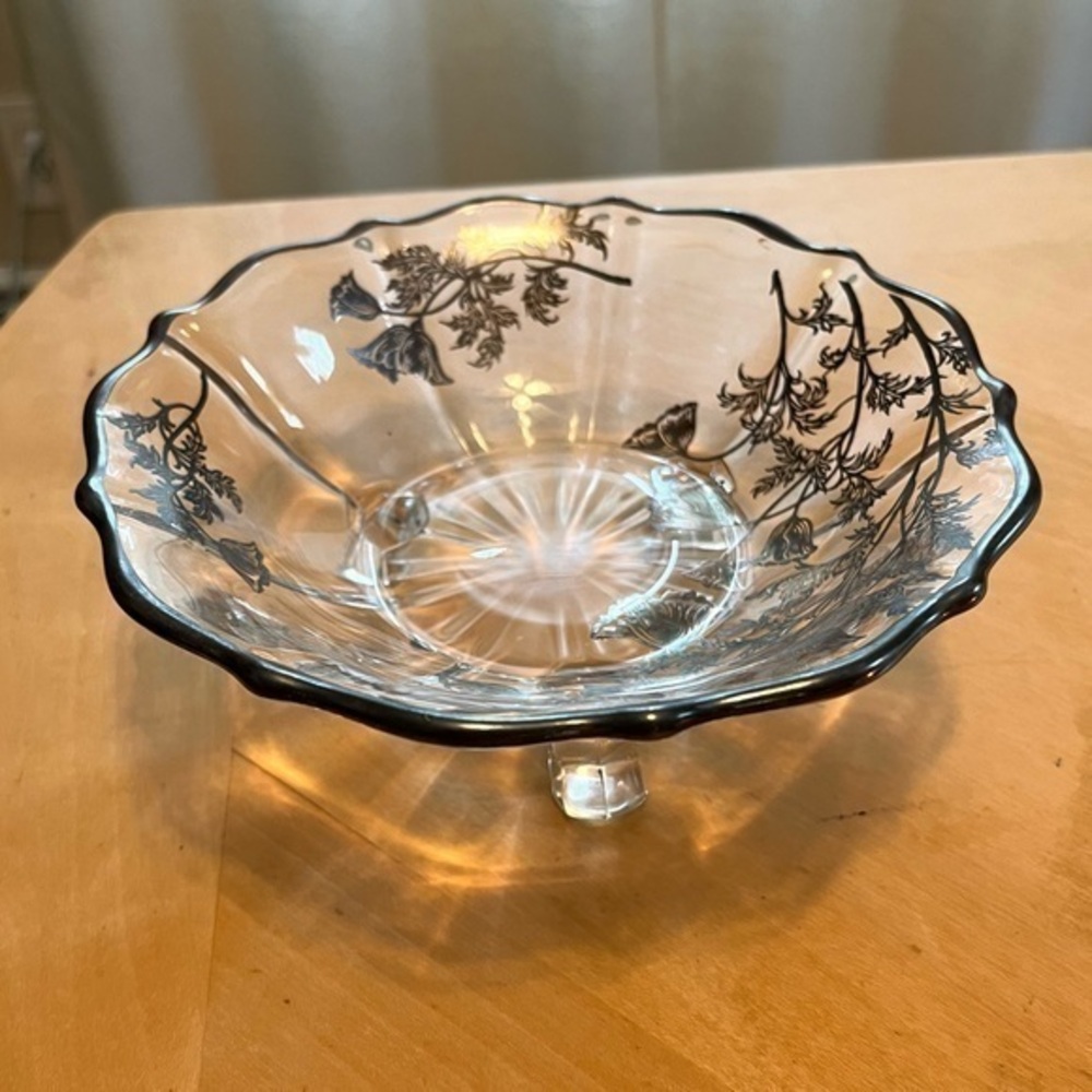 Vintage 1930s Art Deco Silver Lace Look Overlay Glass Serving Compote Bowl